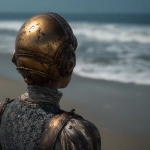 **a cinematic still of a woman with a golden helmet and dark patterned stands on the beach, her back to the viewer. the ocean is in front of her. it's daytime. in the style of david fincher, shot with an anamorphic, wide-angle lens. --ar 29:27 --v 7.0 --p 7t8d38w** - Image #2 <@995751013732581408>