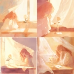 **A soft pastel romantic album cover illustration, delicate watercolor style. A gentle dreamy atmosphere with a young woman sitting near a wooden table by a window. On the table, a single white rose in a glass vase and a vintage envelope. Warm sunlight softly illuminating the scene. The woman's face is partially hidden by her flowing hair. The background shows a translucent curtain with subtle Indian patterns. The color palette is pastel pink, beige, and cream. Minimalistic, poetic, emotional, two-dimensional illustration. No text. --niji 6** - <@1212945075831836692> (relaxed)
-# Create, explore, and organize on [midjourney.com](<https://midjourney.com/imagine?from_discord=1>)