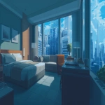 **Background, landscape image with an aspect ratio of 16:9, background for an ADV game, image of a hotel room in an urban area located between buildings --ar 3:2** - Image #1 <@280276404451540994>