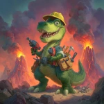 **a green Tyrannosaurus rex cartoon, wearing a construction hat, smiling dinosaur, holding power tools, volcanoes in the background --v 7.0** - Image #1 <@613776001259798675>