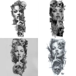 **A sketch for a surrealist tattoo in black and white with high contrast on a white background, aspect ratio 1:2. It should be a composition with skulls at the top and bottom, and in the center, the face of a woman making the shushing gesture with one hand and a finger to her lips. The woman should be beautiful, expressive, with deep eyes, and a delicate profile. She should have subtle, symmetrical dark lettering tattoos on her face, barely outlining it and not in the center. The surreal tattoo style, with a composition that inspires darkness and beauty, can include casino and gambling details. The background should feature negative waves and abstract but symmetrical gray tones. The entire design should be fluid and connected, well-composed, and realistic in style.** - <@757574836565311488> (fast)
