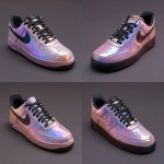 **custom air force 1 shoes designed as an iridescent light pink colorway. the shoe laces should be black leather. the nike check should be black. resolution is hyper realistic. show details in the leather material.** - Variations (Strong) by <@917332670239895563> (fast)