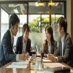 **Group of Japanese office workers, including a beautiful woman and a handsome man, happily discussing documents at a bright conference table, teamwork and friendly atmosphere, professional attire, cinematic lighting, warm and clean office --ar 16:9 --v 6.0 --raw** - Image #3 <@1074578484602601522>