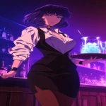 **Fuzzy 90s Anime screengrab, A night club filled with smoke and mirrors that reflect the single beauty standing back a bit walking forward, it's a woman in a business jacket and a long pencil skirt, dark brown stockings, she's carrying a tray with a large pitcher of ice that has glistening blueish square cubes inside and condensation down the glass, her hair midnight blue with purple tips and short cut hair ending around the shoulders, confident smile, narrow squinting blue eyes, pencil thin black eyebrows flat --ar 3:5 --niji 6** - Upscaled (Subtle) by <@372629349565988865> (fast, stealth)