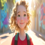 **a medium shot of a realistic illustrated happy 7-year-old Caucasian female student from America, they have a well-defined nose and a well-defined jawline, they have green eyes and curly blonde hair, they stand with their head and neck and shoulders completely square to the camera and facing forward, their entire body is facing forward, they wear a backpack, they have headphones on their head, they stand in front of a white wall with bright graffiti art spray painted on it, it is daytime, the sun is shining bright, high-definition, anime-style, --ar 16:9 --niji 6** - Image #2 <@1065025086664474674>