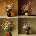 **A bouquet of Texan wildflowers in a glossy vase, with a warm, light color scheme in the background, in the painting style of Ilya Repin.** - <@397396364566462464> (fast)