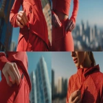 **close-up shot of woman in red running clothes putting red chapstick in a pocket. city background. realistic. day time. shot on sony venice --ar 16:9** - <@1084475660803788890> (fast)