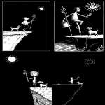 **The Fool tarot card by Sarah Andersen. The image is black and white and depicts a man with one foot on the edge of a cliff, holding a small stick with a small package and a small white rose in his hand, and a dog at his feet, all set against a black background. The sun is on the sky, and the overall design is simple yet striking, in the style of Sarah Andersen. --ar 3:5 --v 7.0** - <@409716268476923920> (fast)