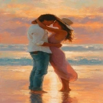 **a beautiful painting of an attractive couple on the beach, hugging and kissing each other in love. the man is wearing a white shirt and blue jeans, while the woman is tall with long brown hair. she wears a sun hat and a light pink dress. the background features a vibrant sunset, with cinematic lighting and an ultra-realistic style, in the style of a famous artist. --ar 9:16** - Image #2 <@1220684338807439425>
