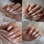 **champagne chrome french tip nails on milky pink base, delicate and editorial manicure, soft luxury tones, almond shape, close-up on hands in soft lighting, styled with silk or tulle, elegant minimalism for winter --v 6.0 --ar 2:3 --raw** - <@1321895242076520463> (fast)