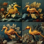 **leafy barnacled seadragon galloping on foam --sref <https://s.mj.run/Xv9oNFeiWAA> --s 1000** - <@1057110090387296366> (relaxed)