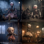 **ultra realistic, 8k, of a robot made to look like a porcelain doll from the late 1900’s. The robot hangis by wires from the torso, eyes red, wires and circuits showing, face cracked, no legs. The robot hovers suspended by wires. The atmosphere is dark and smokey. It hangs above a man dressed in rags, the old man is indigenous and kneels on his knees. The background can faintly be seen, it looks like an interior of an old 50’s cafe discarded and weathered.** - <@921849585255714827> (fast)
-# Create, explore, and organize on [midjourney.com](<https://midjourney.com/imagine?from_discord=1>)