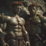 **Realistic 3d rendering. Full body portrait of two characters. ruggedly handsome, Hyper muscular handsome twin green skinned orcs, bright silver eyes, short curly redred hair, short pointed ears, defined muscles, pronounced features, hyper muscular, wide Grecian nose, strong square jaw, defined cheek bones, masculine features, freckles. Bodybuilder. wearing a tight short leather skirt. His oiled skin glistens under intense studio lighting. A strong camera flash highlights the shine on his muscles, creating bright reflections on his body, arms, and thighs. Retro fitness photography style, slightly exaggerated lighting contrast, 90s magazine aesthetic, center-framed, studio portrait shot. Standing and posing in a sunny rocky field. --ar 5:6 --v 7.0** - Image #4 <@1222981214734913607>