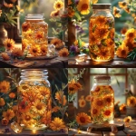 **A clear glass mason jar filled with golden olive oil, calendula flowers, lemon verbena leaves, and tulsi herbs floating inside. The jar sits on a rustic wooden table, surrounded by fresh calendula blossoms and lemon verbena sprigs. Warm sunlight streams across the scene, with a glowing sunstone crystal beside the jar. Hyper-realistic, vibrant, warm tones, natural lighting. --v 6.0 --s 750** - <@1090630909448949831> (fast)