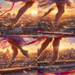**Hyper-realistic close-up of a young rhythmic gymnast’s legs and feet in authentic rhythmic gymnastics shoes (soft beige slippers with open heel and closed toe), captured mid-spin on her toes. The background clearly shows a blurred city skyline from a rooftop at golden hour, with warm sunset tones. The palette features elegant reds, purples, and whites, softly blended and not overly saturated. Sparkling rhinestones from her costume catch the light, and the flowing red ribbon enters the frame, adding energy and continuity. Cinematic, dreamy, golden-hour atmosphere, perfectly matching the tones and style of the second frame. --ar 9:16 --v 6.0 --raw** - Variations (Strong) by <@1090995563744477184> (fast)