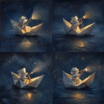 **A white folded paper boat sails through the night sky. In the boat is a silver-furred mouse wearing a folded paper cap and holding a silver sextant. The boat gives off a glowing aura. The background is a starry sky against a dark void. Ammonite amanita Highly realistic painting. --v 7.0** - Variations (Subtle) by <@1071135204846096475> (fast)