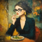 **<https://s.mj.run/t_WklGqxWAo> painting of an elegant woman with glasses sitting at a table, drinking coffee and smoking in a cafe. she is wearing provocative fashion . the atmosphere inside has a cozy feel. in front of her, there is a plate on which she is eating salad. through a window, you can see flowers blooming outside. oil painting in the style of paul cézanne. oil portrait, impressionist style, with brush strokes and palette knife technique. --ar 4:5 --iw 0.6 --s 300 --chaos 9 --sref <https://s.mj.run/l_lv1K4gyMo> <https://s.mj.run/wvjxdvVUtVg> --sw 60 --v 7.0** - Image #2 <@988364629556199494>
