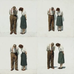 **Realistic painting by edward hopper, front view, fuul body of a two parents looking down, White background, PNG, cutou** - Variations (Strong) by <@1239424274461229137> (fast)