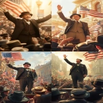 **a cheerful man in early 1900s presidential-style suit standing on a parade platform, smiling and waving to a large cheering crowd, American flags in the background, people in vintage hats waving back, warm sunlight, festive atmosphere, early 20th century street setting, cinematic lighting, historical fiction illustration --ar 9:16 --v 6.1 --raw** - <@1354559475473973422> (fast)