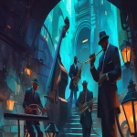 **Rats in suits and fedoras playing Jazz on vintage instruments in a dimly lit sewer, surrounded by mist and flickering lanterns; in the style with bold geometric shapes and expressive lines, blended with the cinematic noir and the moody atmospheric lighting, in stunning 32k resolution. Harlem Renaissance. --ar 16:9 --niji 6** - Image #2 <@935178814189862912>
