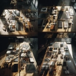**Tracking shot over a modular table surface split into two clear zones with a line in between , one filled with design mockups, physical models, and material swatches Cinematic and realistic raw --ar 16:9** - Variations (Strong) by <@1091274885151600654> (fast)