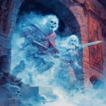 **In a dungeons and dragons and Frank Franzetta art style, two translucent ghosts, one male ghost and one female ghost, both hold a sword and wear a bow, they both look scared, the walls behind them are covered in old worn tapestries and they are inside an old round tower, it's dark --v 7.0** - Image #3 <@478047972412620803>