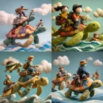 **Felt marionette adventure heroes riding on giant plush turtles through a patchwork sea, soft textures, tactile stop-motion style, children’s storybook energy --v 7.0 --raw** - <@1017562001381265439> (fast)