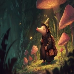 **An adventurous star-nosed mole emerging from an ancient, moss-covered burrow in an enchanted forest. Soft, painterly brushstrokes, gentle glowing spores drifting through the air, oversized mushrooms leaning curiously, tiny lantern bugs lighting the scene. The mole wears a tiny satchel filled with mysterious seeds, its star-shaped nose twitching with wonder. Warm dusk lighting, whimsical and serene atmosphere, lush hand-painted textures, expressive creature design, soft depth of field, magical realism, cozy charm, high detail, rich color palette. --ar 16:9** - Image #2 <@409068045143769088>