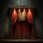 **An open retro circus curtain at night. Over the curtain is a wooden square sign board with grunge paint and missing letters. Photorealistic --ar 8:5 --v 7.0 --p 7hy8o9f** - Image #1 <@1124306677462745169>