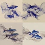 **minimalist vector art of blue fish swimming upstream, stylized flowing water made of thin contour lines, soft beige background, abstract composition, Japanese black ink and line art aesthetic, clean and modern design, sense of motion and harmony, high resolution, fine art poster style, purple grey tone** - <@1128954520425222255> (fast)