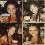 **1983 polaroid photo, full body, drunk beautiful young tanned black-haired woman, muscular fitness bodybuilder female, background is a tiki bar on a Florida beach. Holding out a plastic cup with freshly poured frothing beer, she has long curly hair with sidelocks ringlets and braids, thick eyebrows, amber eyes, big long straight nose lots of freckles, moles above mouth and under eye, short weak chin, chubby cheeks, friendly easy-going smile, intricate details, sign text "FREE BEER TOMORROW - BRING YOUR SPELEOTHEM" --ar 3:4 --v 7.0 --raw** - <@538878031226470440> (fast)