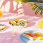 **Minimalist aesthetic breakfast scene on a pastel-pink tiled table, golden sunlight casting soft palm leaf shadows. Perfectly arranged salad bowl in white paper bowl, sandwich, fresh orange slices, and glasses of vibrant orange juice. Pastel blue ceramic plates and elegant cutlery creating a modern yet retro-inspired vibe. Soft, natural lighting, high detail, cinematic composition, ultra HD, 8K --ar 9:16 --s 50 --v 6.1** - Image #4 <@1199200245985316874>