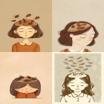 **a simple illustration of an adult woman with brown hair, her head open to reveal the inside, where cockroaches are having a meeting around a table in her brain. the style should be hand-drawn with muted tones, capturing only the upper body features, and the background color must be beige. it's for children, so it needs to look very friendly. the whole scene conveys a sense of calmness, peace, or loneliness. --ar 85:128 --q 2 --v 7.0** - <@692066457164709888> (relaxed)