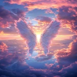 **Digital art depicting two angel wings in the sky with clouds in the background, a sunrise, and pastel colors. This digital painting has a fantasy art style, a symmetrical and centered composition, and is visually beautiful. --ar 4:7 --v 6.0 --s 250** - Image #1 <@756269320539209761>