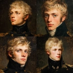 **painted portrait of a napoleonic era officer. Black uniform, twenty two years old. Blonde with blue eyes. Thoughtful, poetic.** - <@645095506447564800> (fast)