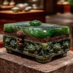 **ancient roman jewelry box with small delicate carved flowers, made from polished green dolomite crystal, on display in an art gallery --ar 16:21 --s 750 --v 7.0** - Image #3 <@1064451214823129168>
