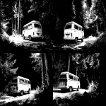 **black and white sketch Frank Miller style, the backside of a VW T2 close-up from side, parked on a forest road at night, no light . --ar 3:2** - Variations (Strong) by <@1079526535603699793> (fast)