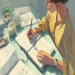 **A student at a desk writing on a planner, soft morning light, warm tones, realistic style, --ar 16:9** - Image #3 <@1331803127602614274>