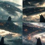 **A cinematic still of an epic interstellar battle between two massive spaceships in the sky. Above are clouds, and below them, a black-cloaked man stands on his feet, looking up at one of the ships with his hand raised towards it. The spaceship has intricate details and many lights that illuminate its surface. The scene is dark and moody, in the style of Roger Deakins, shot from a distance with a wide-angle lens, a movie screenshot with a cinematic composition and muted colors. --ar 105:128** - <@264129597782753313> (fast)