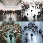 **Crowd of young artists and photographers in flashy modern art scene, one man walking calmly away, symbolic --ar 9:16 --raw** - <@1355677392592441550> (fast)