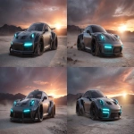 **ultra-realistic concept of a modified Porsche 911 in the style of Motomuzi, wide body kit, ultra-low stance, carbon fiber fenders, aggressive aero package, futuristic front splitter, custom LED halo headlights, oversized rear diffuser, thick performance tires, matte metallic paint, glowing accent lines, luxury race spec, brutal and elegant design fusion, photographed in dramatic desert background with cinematic sunset lighting, hyper-detailed, extreme realism, concept car showcase, car centered in frame, 50mm lens, no text, no watermarks --v 7.0 --ar 16:9 --raw** - Variations (Strong) by <@1391625263430762497> (fast)