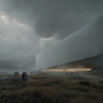 **photo, architectural, white organic smooth concrete bunker in marshlands and grass fields, giant stadium Opera house, misty atmospheric conditions, crowds of hovering people, giant boulders levitating in the sky, lens flare as ships travel past, moonstone traffic light drones above the road, realistic lighting, spire, huge structure, orange lights, waterfall, war, Image #4 <@1077492926550134864> --v 7.0 --p 3yk8su5** - Image #4 <@1077492926550134864>