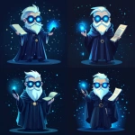 **Futuristic legal wizard mascot, glowing blue eyes, wearing a judge robe mixed with a wizard cloak, holding a digital scroll and a smartphone, cartoonish but clean, high-tech magical vibe, flat design - vector art --s 250** - Variations (Strong) by <@844314166369583134> (fast)
