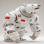 **a 3d rendered image of an industrial-style white Polar bear robots with a glass chest head and chinese flag colour scheme metallic metal, an ultra-detailed illustration in the style of Atey Ghailan and Jacek Yerka, ultra-high resolution, in a dynamic pose, 4k --ar 13:20** - Image #1 <@1087506013407695028>