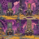 **scifi comic book style, futuristic king, sitting on a throne, purple crater plaent, colorful, full body, classic scifi, scifi comic book style** - Variations (Strong) by <@186377350642925568> (fast)