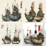 **a dnd style concept art of two feudal japan iron and wooden pirates vessels, have different number in the hull, same size but not identical, dark industrial scifi style, labeled as legendary pirates vessels, white base with small hi-viz lime hazard markings, mechanical details, Japanese characters, realistic look, moody atmosphere, a little bit foggy, signal towers, various size nobori, have japanese anime mural on the hulls, signal cabbles, on a white background in the style of Studio Ghibli and Makoto Shinkai, cel-shaded, full-body, cartoon, 2D game art --ar 5:4** - <@1043498067623686144> (fast)