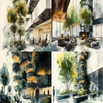 **<https://s.mj.run/Nlu3ItpiLmk> <https://s.mj.run/5Zwnb5PDQNM> an illustration using black pen and watercolour, loose sketchy watercolor and black pen illustration of a futuristic healthcare waiting room a multi storey vertical farm on one side human looking robots populate the space which is filled with trees, the noerthern lights are present at the high ceiling to individual wellness pods, the style is country farmhouse with a fireplace meets zaha hadid organic futuristic architecture highly detailed, unique --ar 16:9 --v 6.1 --s 250** - <@999895176619237436> (fast)