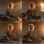 **A young woman in a perfectly clean, minimalist, sunlit room in a t-shirt. She is sitting in a full lotus position on a soft meditation cushion, eyes gently closed, in the serene act of meditating. The atmosphere is peaceful and tidy. Photorealistic, soft natural lighting, detailed. raw photo, 8 --s 750** - Remix (Strong) by <@418070588632989707> (fast)