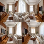 **Modern living room, same layout and architecture as reference, warm medium brown wood parquet flooring (not light), beige textured wallpaper, 20cm white foam baseboard trim, separated sofas in soft neutral tones (off-white, light beige), soft beige linen curtains allowing daylight in, sunlight casting gentle shadows, TV wall unit and wood partition exactly same as original design, professional wide-angle photography, natural lighting, elegant and cozy interior --v 7.0 --ar 16:9 --quality 2 --raw** - Variations (Strong) by <@1346417210607931394> (fast)
-# Create, explore, and organize on [midjourney.com](<https://midjourney.com/imagine?from_discord=1>)