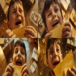 **Cinematic film still, photorealistic. Low-angle close-up shot of the same boy from the reference image, filmed in counter-plongée from below. He is holding a small yellow post-it note in his hands and reading it. His face shows pure joy and emotion: eyes slightly wet with tears of happiness, but with a wide, radiant smile filling his face. His expression clearly conveys the overwhelming surprise and excitement of just learning he is going to become a big brother. Warm golden cinematic lighting highlights his face, shallow depth of field keeps the focus on his emotional expression. In the blurred background, faint hints of the baby mobile box and wrapping paper on the floor are visible. Subtle film grain, natural skin tones, realistic detail. Shot like a high-end Christmas commercial with an Arri Alexa cinema camera --ar 16:9 --v 6.0 --no cartoon, cgi, clutter --raw** - <@1072446343324385341> (fast, stealth)